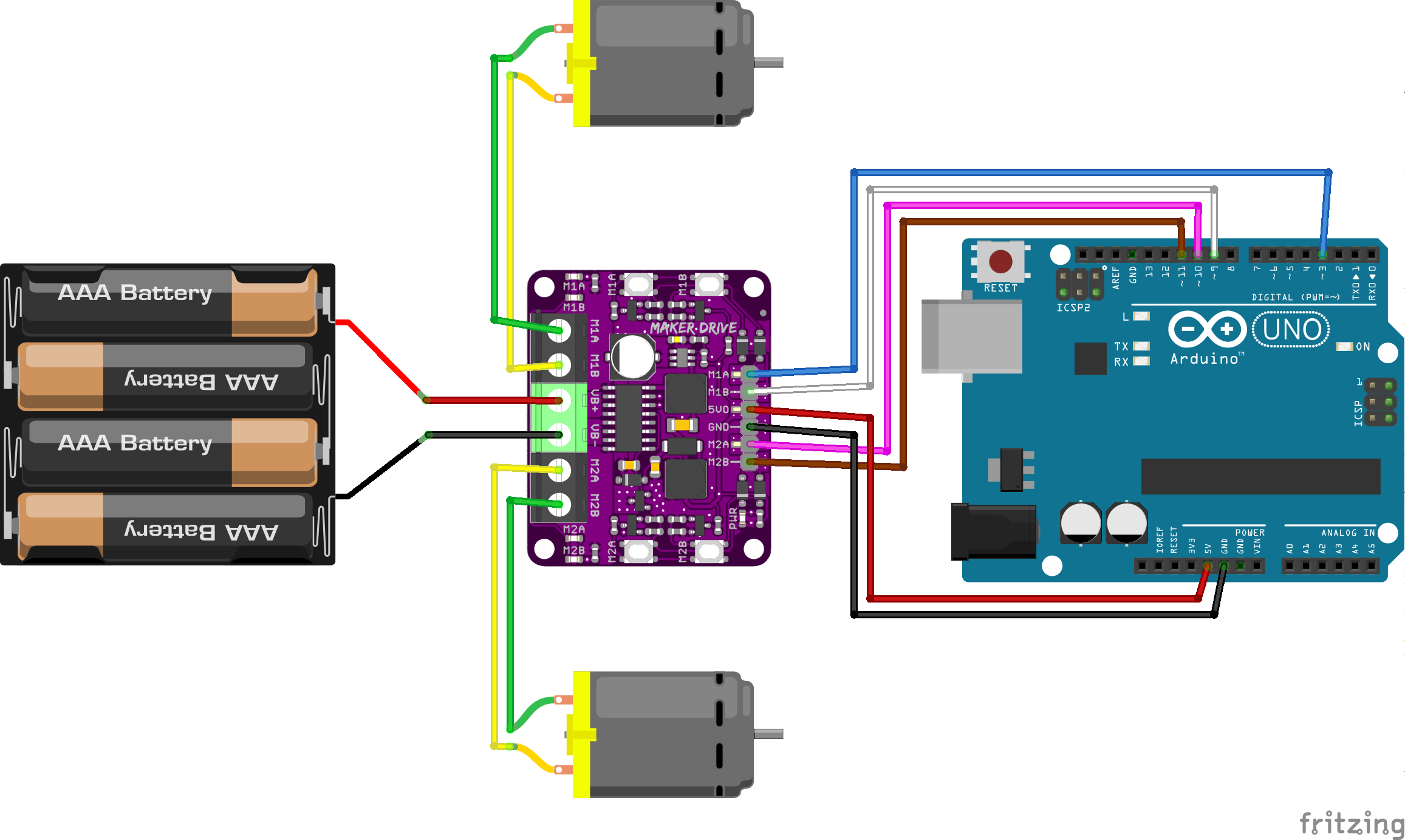 Circuit diagram using Arduino, Maker Drive and two DC motors