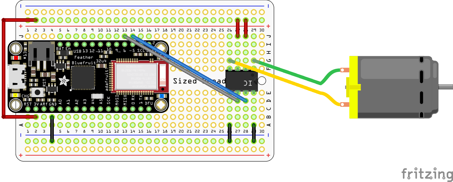 Adafruit Feather 32u4 Bluefruit LE and L9110H H-Bridge Motor Driver connected to a DC Motor.