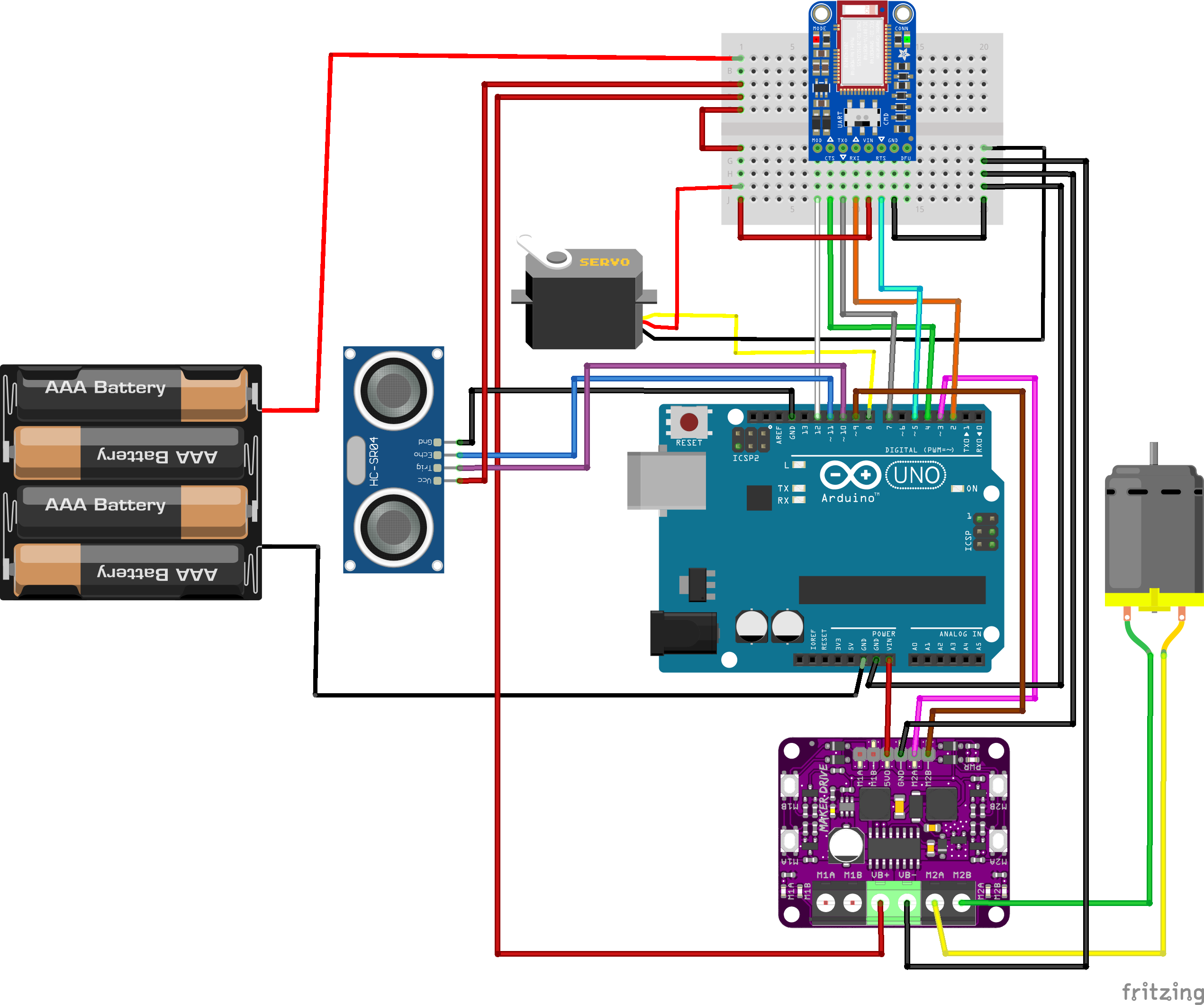 Circuit Diagram using Arduino, Maker Drive, servo motor, DC motor, HC-SR04 distance sensor, and Bluefruit LE UART Friend