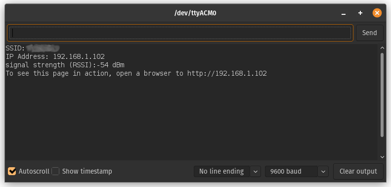 Serial Monitor displaying the IP address