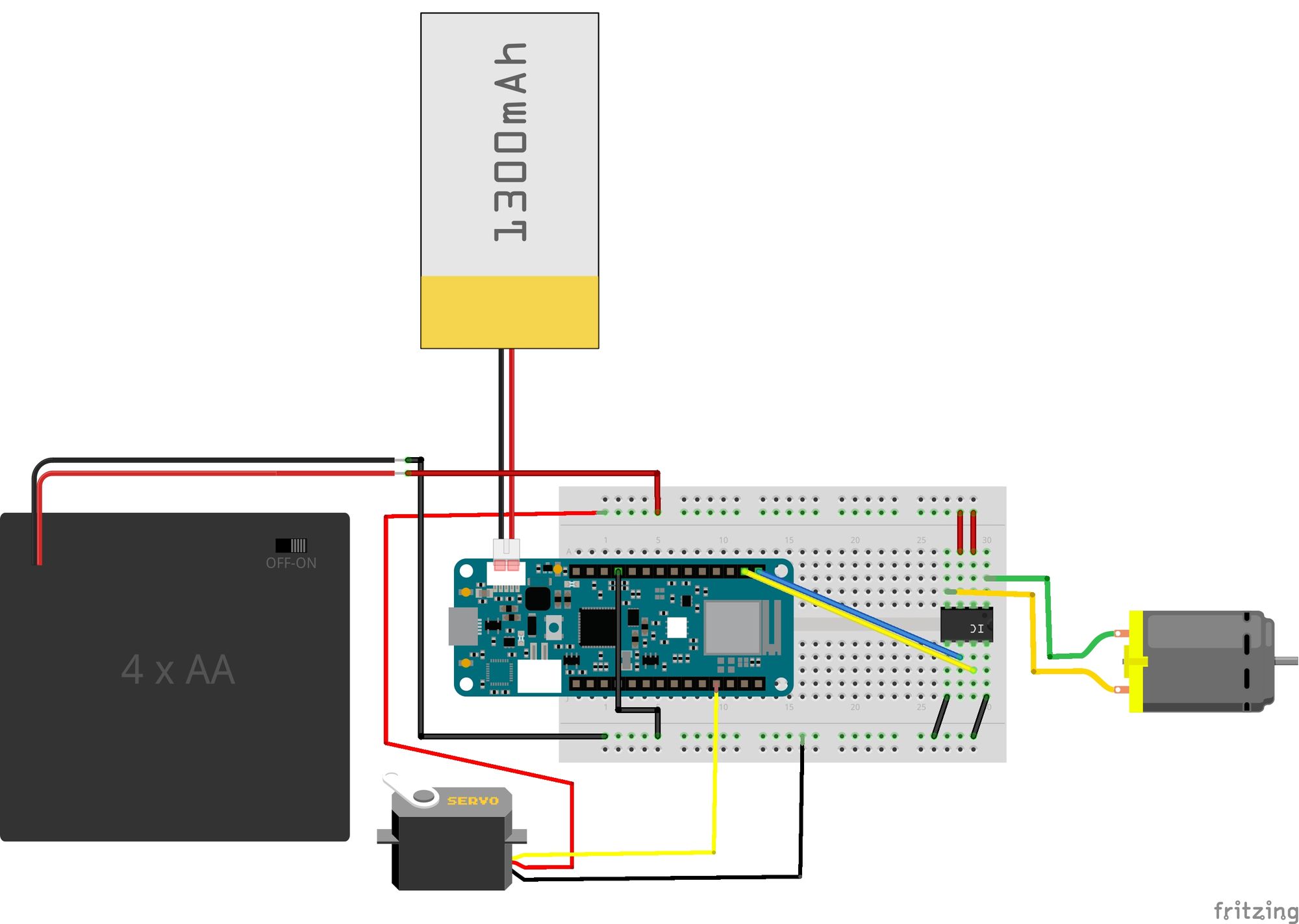 Circuit Diagram using Arduino MKR WiFi 1010, H-Bridge, servo motor, and a DC motor