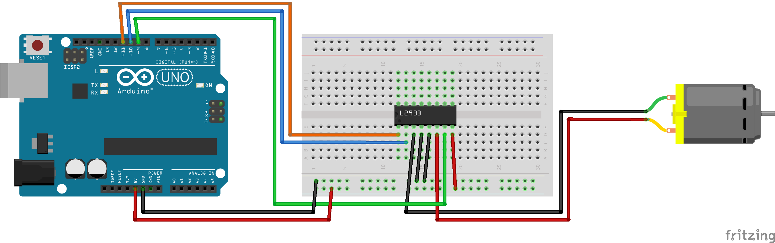 Adafruit Feather 32u4 Bluefruit LE and L9110H H-Bridge Motor Driver connected to a DC Motor.