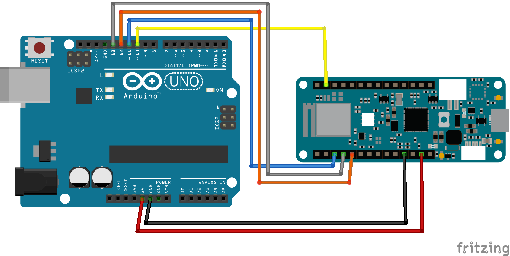 Arduino Uno powers the MKR WiFi 1010. The Uno receives SPI signals from the MKR and displays them on the Monitor.