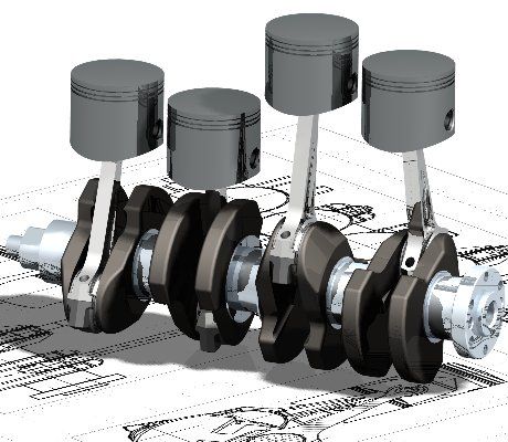 Crankshaft with pistons and connecting rods.