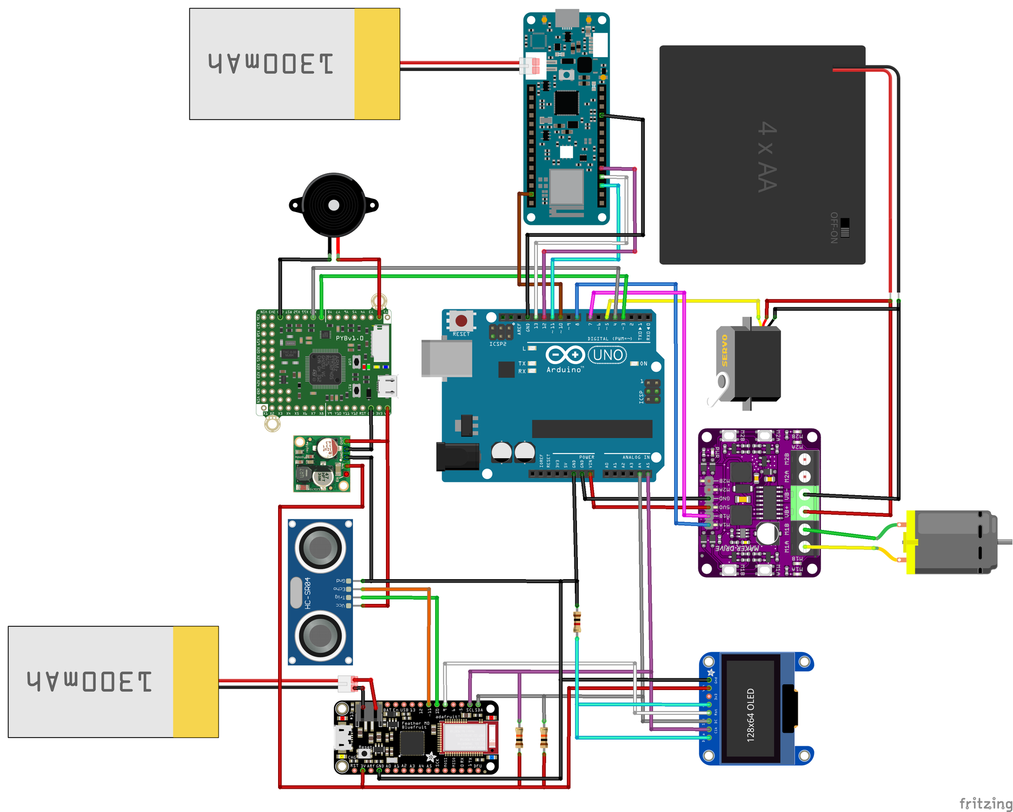 Circuit Diagram using Arduino MKR WiFi 1010, H-Bridge, servo motor, and a DC motor